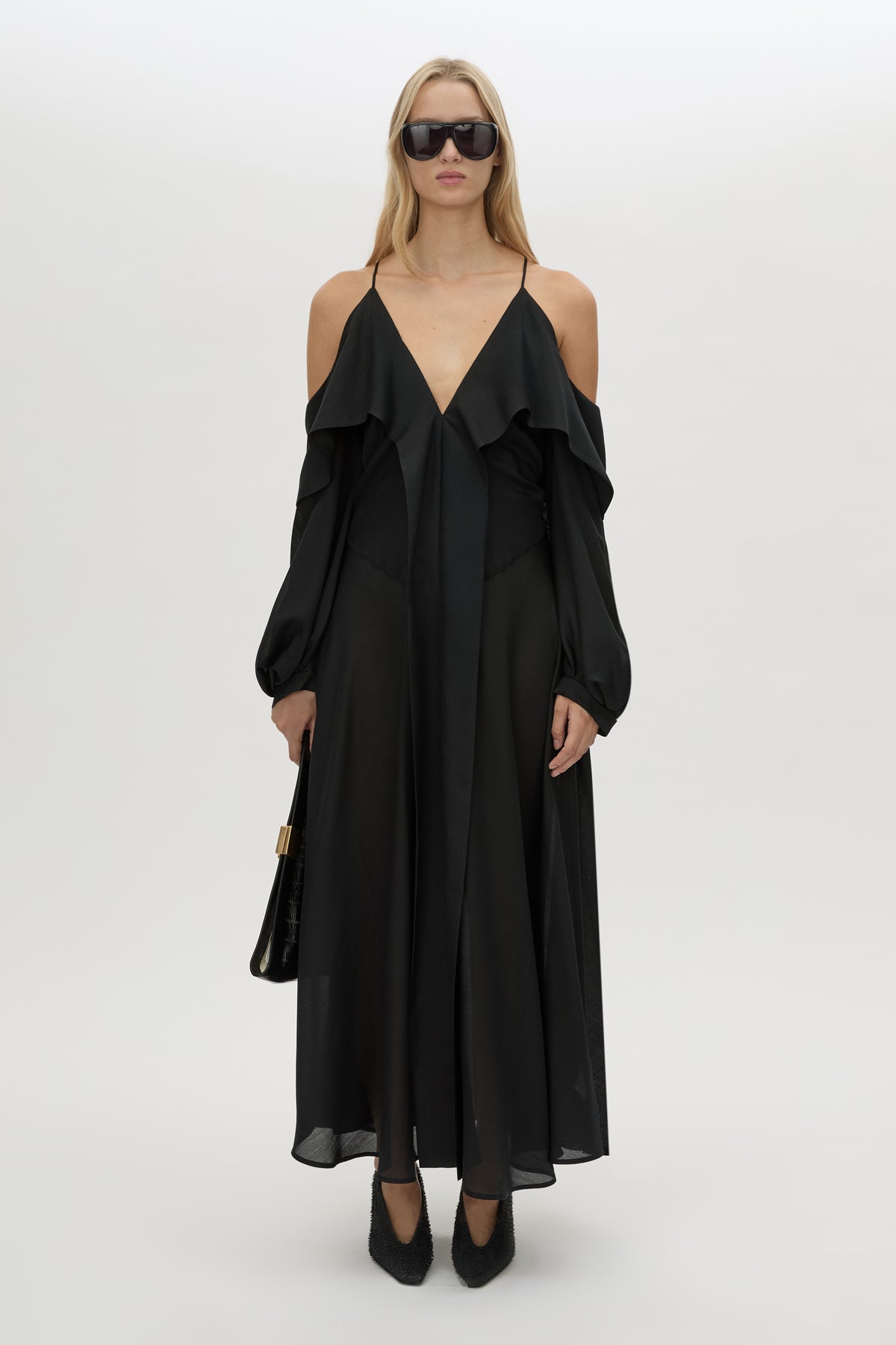 Front view CAMILLA AND MARC long-sleeve Rene Maxi Dress in black with exposed shoulder sleeves.