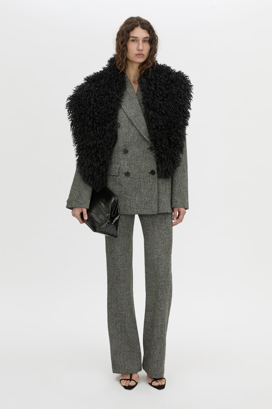 Front styled view CAMILLA AND MARC Renley Stole in black faux‑fur.