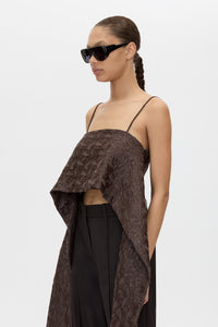 Cropped view CAMILLA AND MARC Rennick Cami Top in Chocolate with thin straps, cropped front hem and long draped back panels.