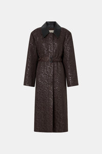 Ghost view CAMILLA AND MARC full-length Rennick Oversized Coat in chocolate brown with contrast leather collar and buckle belt. 