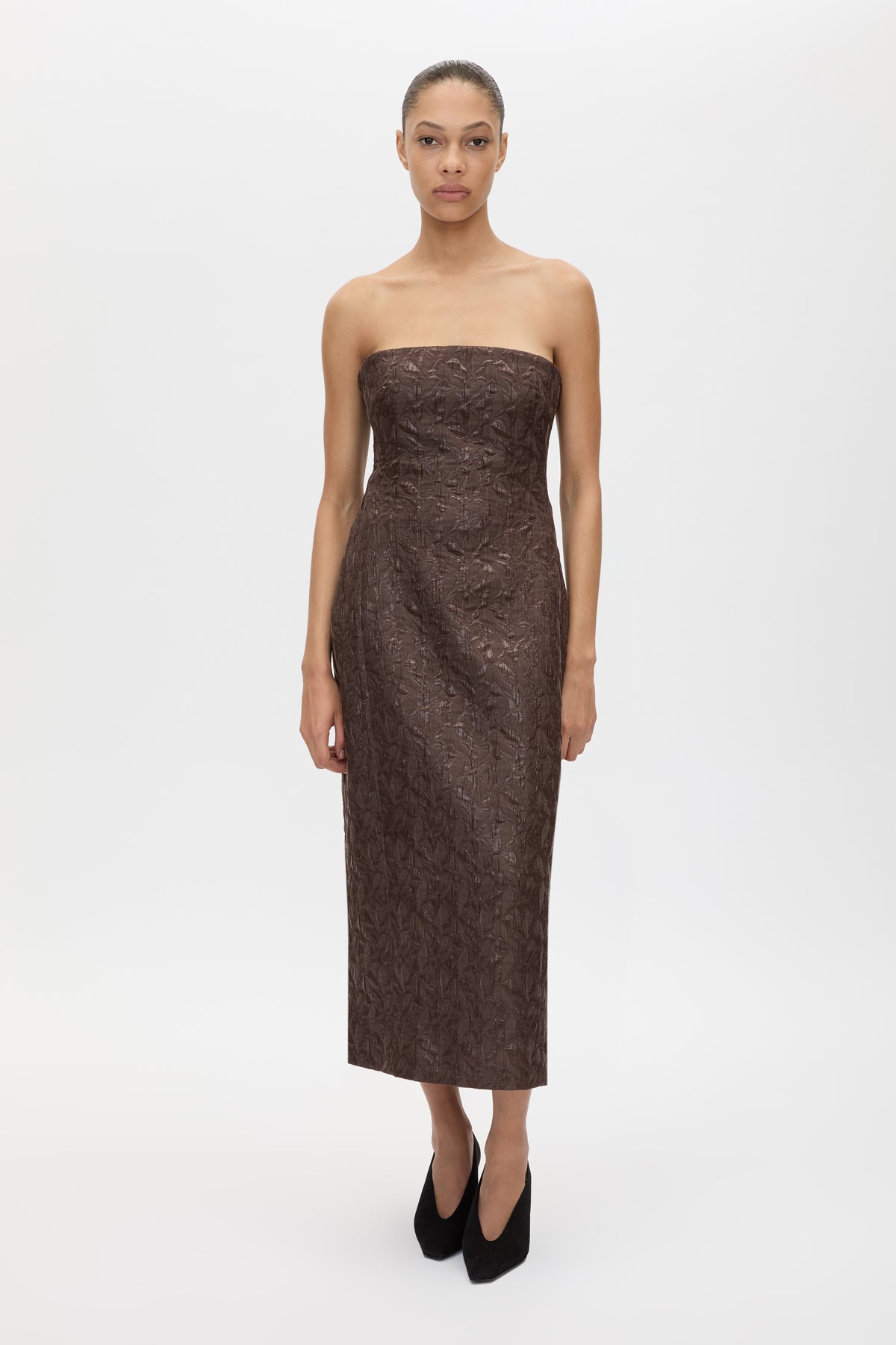 Front view CAMILLA AND MARC Rennick Strapless Midi Dress in chocolate brown with fitted internal bodice and exaggerated hip.