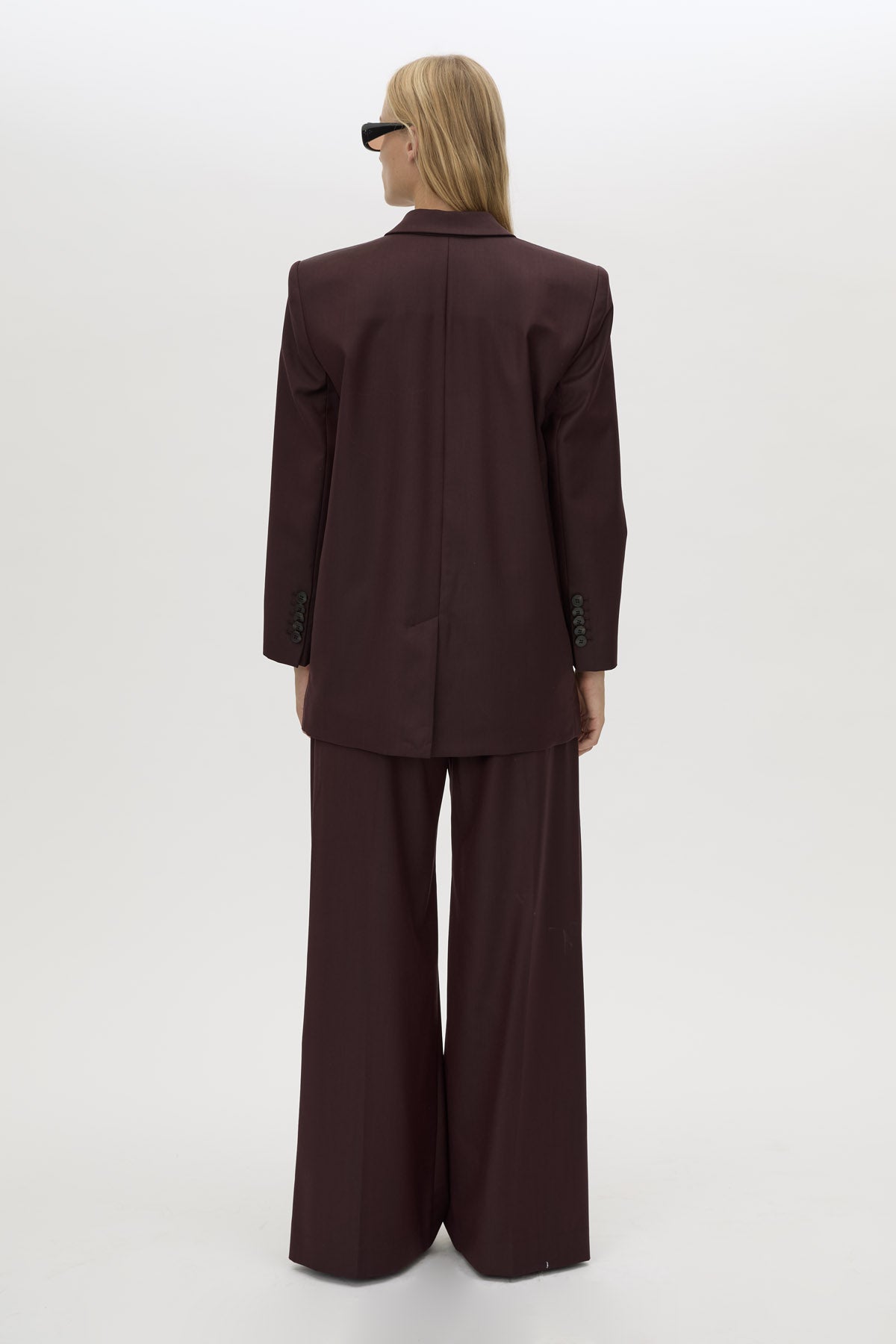 Back view CAMILLA AND MARC double-breasted Revera Oversized Blazer in chocolate burgundy.