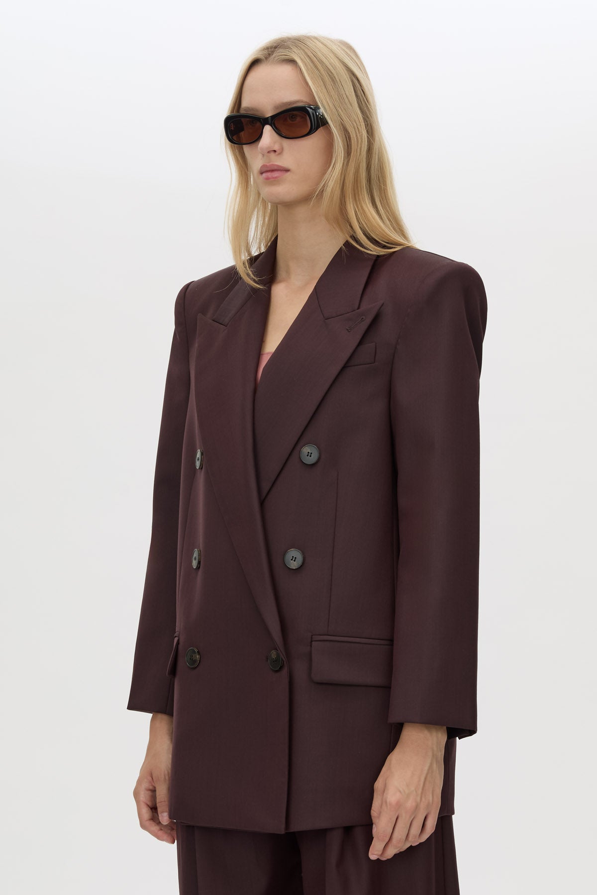 Cropped view CAMILLA AND MARC double-breasted Revera Oversized Blazer in chocolate burgundy.