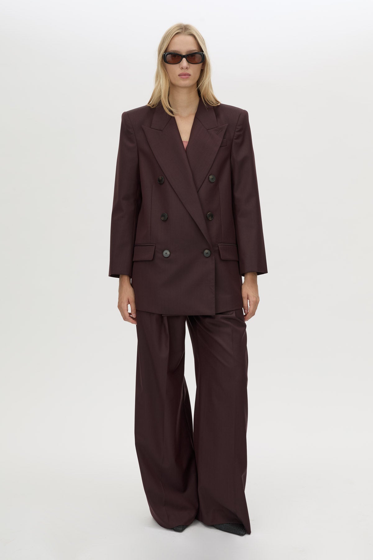 Front-styled view CAMILLA AND MARC double-breasted Revera Oversized Blazer in chocolate burgundy.