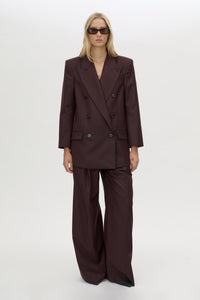 Front-styled view CAMILLA AND MARC double-breasted Revera Oversized Blazer in chocolate burgundy.