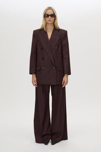 Front view CAMILLA AND MARC double-breasted Revera Oversized Blazer in chocolate burgundy.
