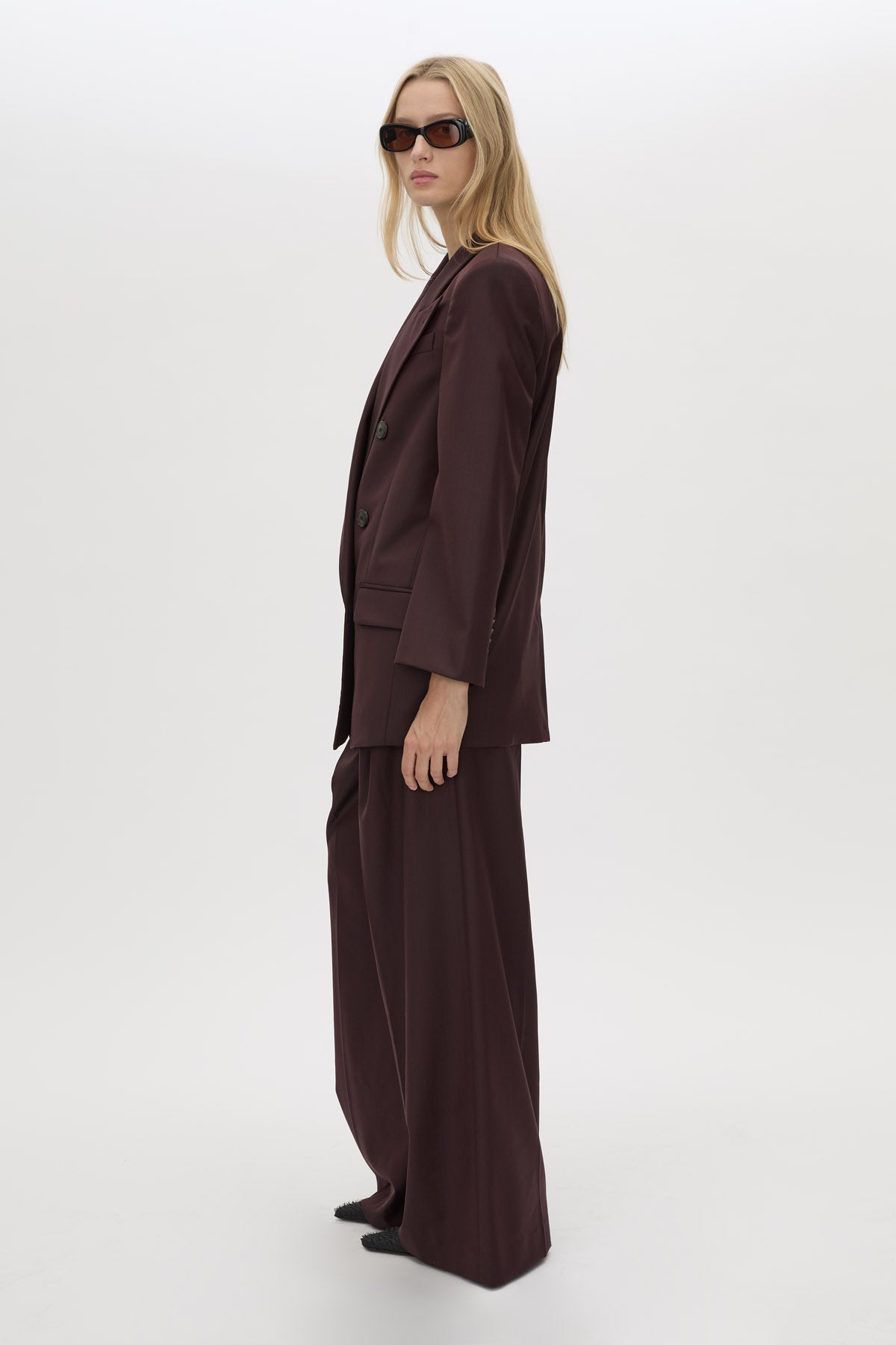 Side view CAMILLA AND MARC double-breasted Revera Oversized Blazer in chocolate burgundy.