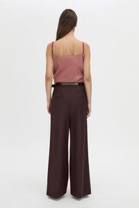 Back view CAMILLA AND MARC Revera Wide-Leg Pant in chocolate burgundy with tailored waistband and belt loops.