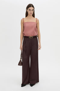 Front-styled view CAMILLA AND MARC Revera Wide-Leg Pant in chocolate burgundy with tailored waistband and belt loops.
