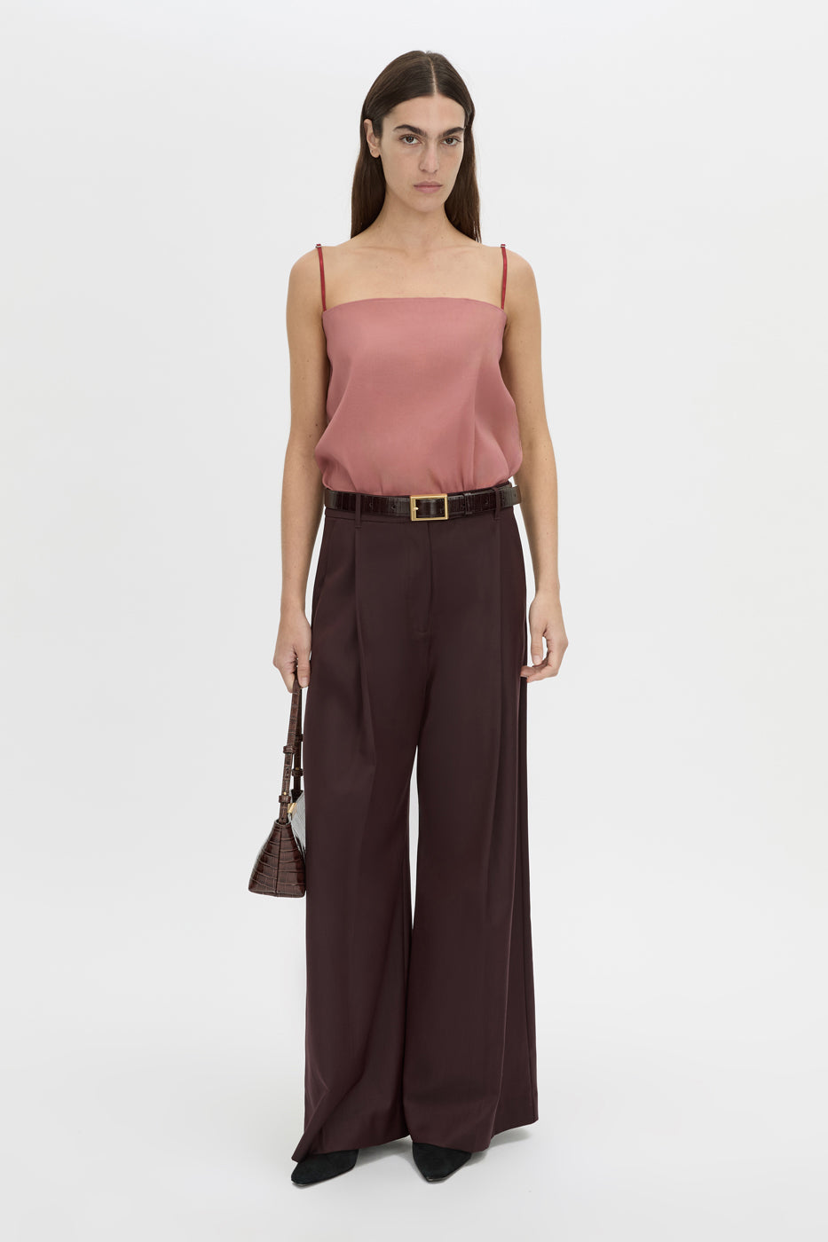 Front-styled view CAMILLA AND MARC Revera Wide-Leg Pant in chocolate burgundy with tailored waistband and belt loops.