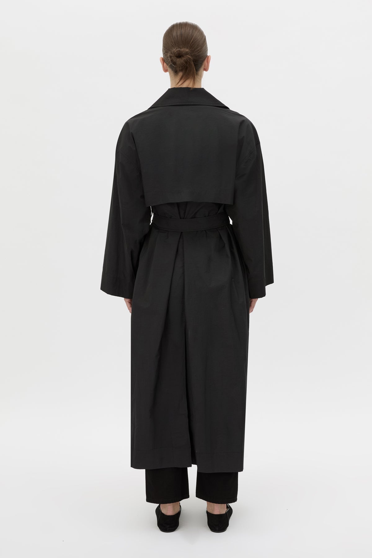 Back view CAMILLA AND MARC Rhia Sheer Full Length Trench in black with a relaxed fit.