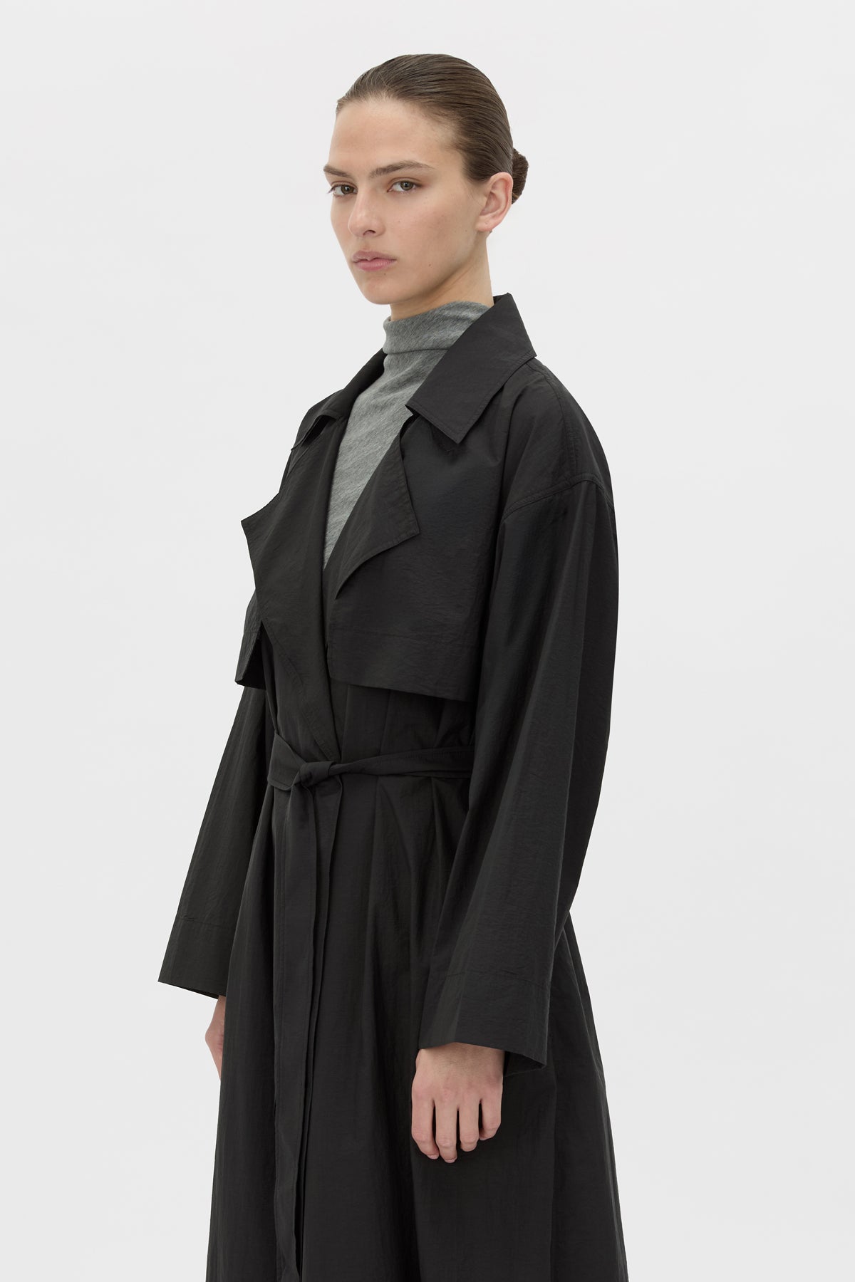 Cropped view CAMILLA AND MARC Rhia Sheer Full Length Trench in black with a relaxed fit.