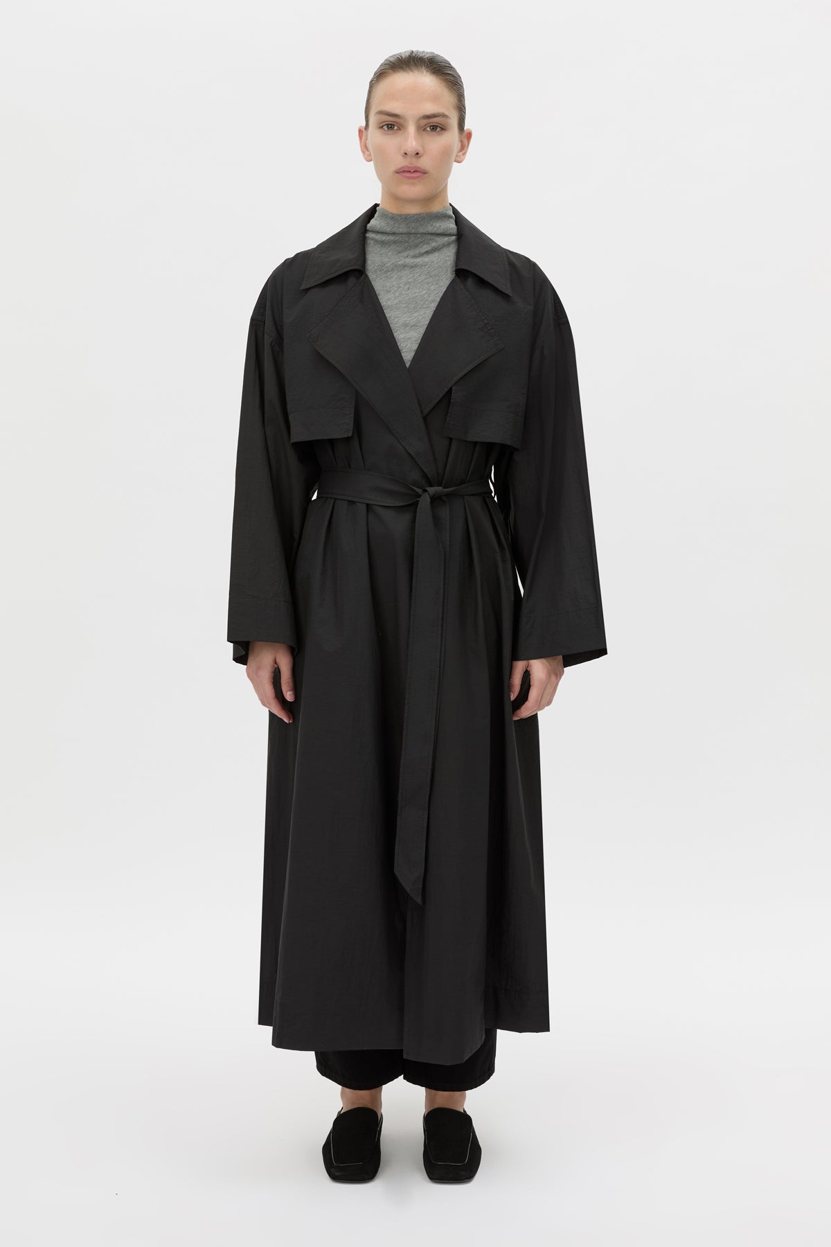 Front view CAMILLA AND MARC Rhia Sheer Full Length Trench in black with a relaxed fit.