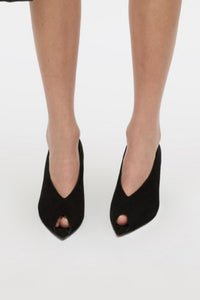 Front styled view CAMILLA AND MARC Rhys Suede Peep Toe Pump in black soft goat suede.