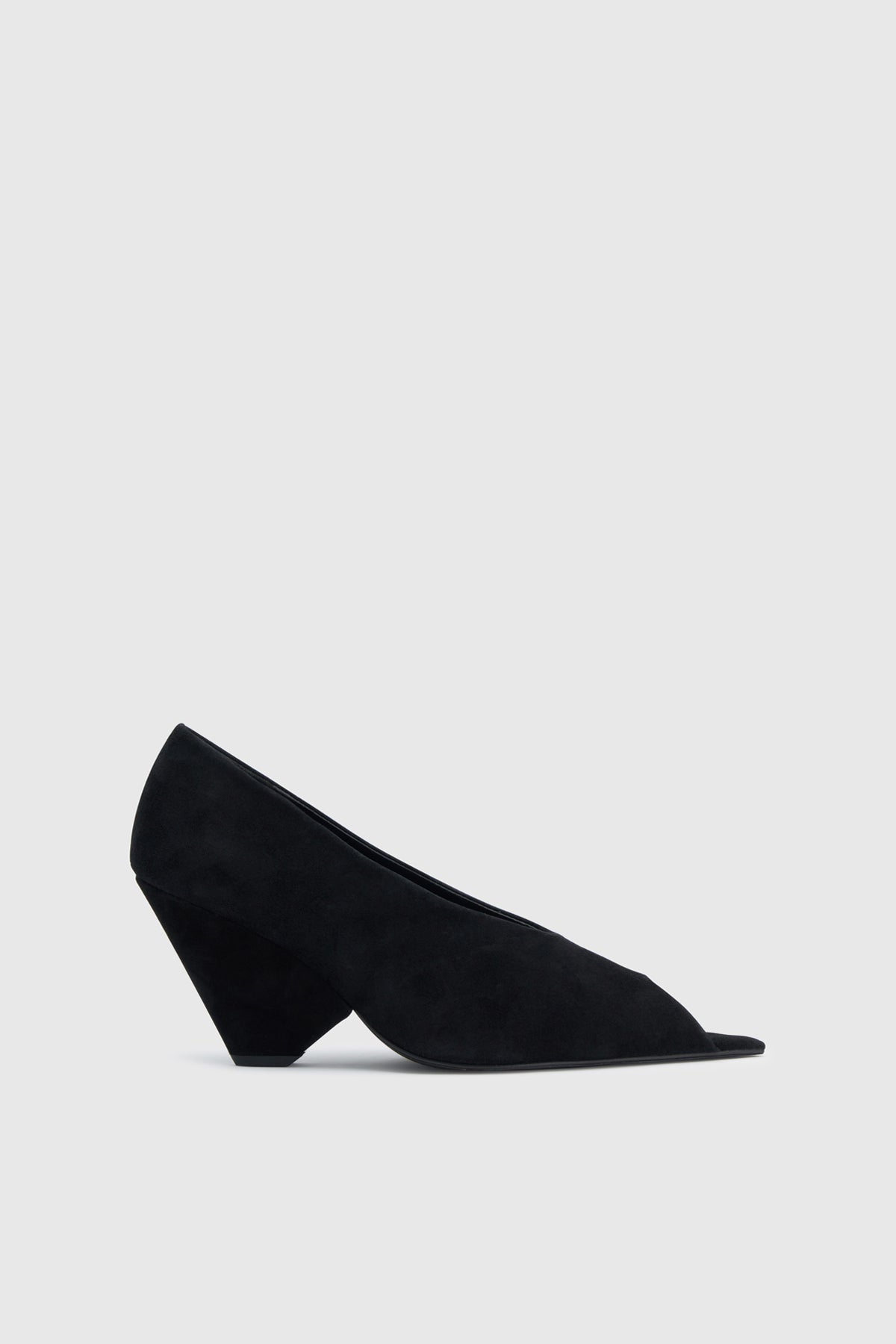Side ghost view CAMILLA AND MARC Rhys Suede Peep Toe Pump in black soft goat suede.