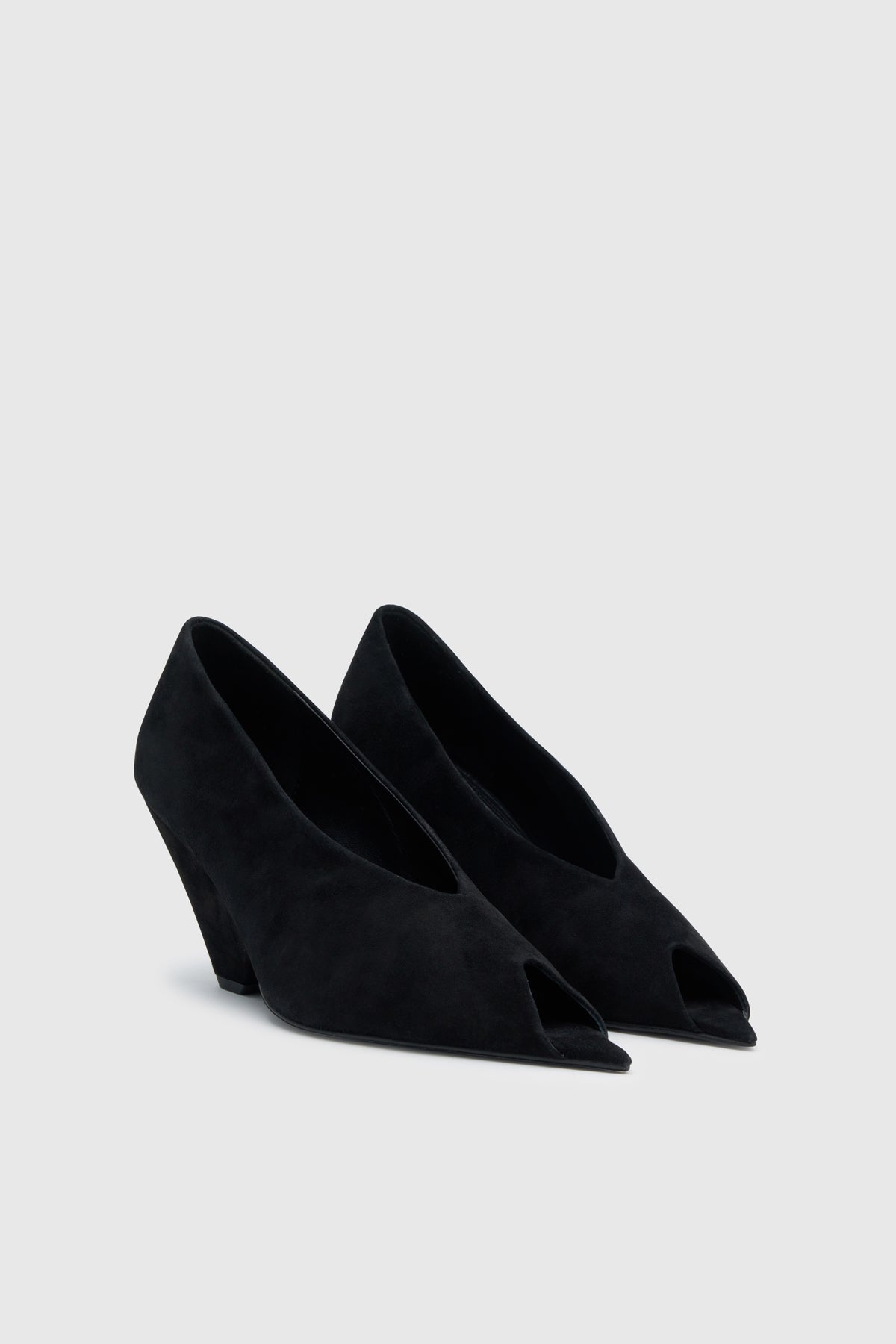 Three quarter view CAMILLA AND MARC Rhys Suede Peep Toe Pump in black soft goat suede.