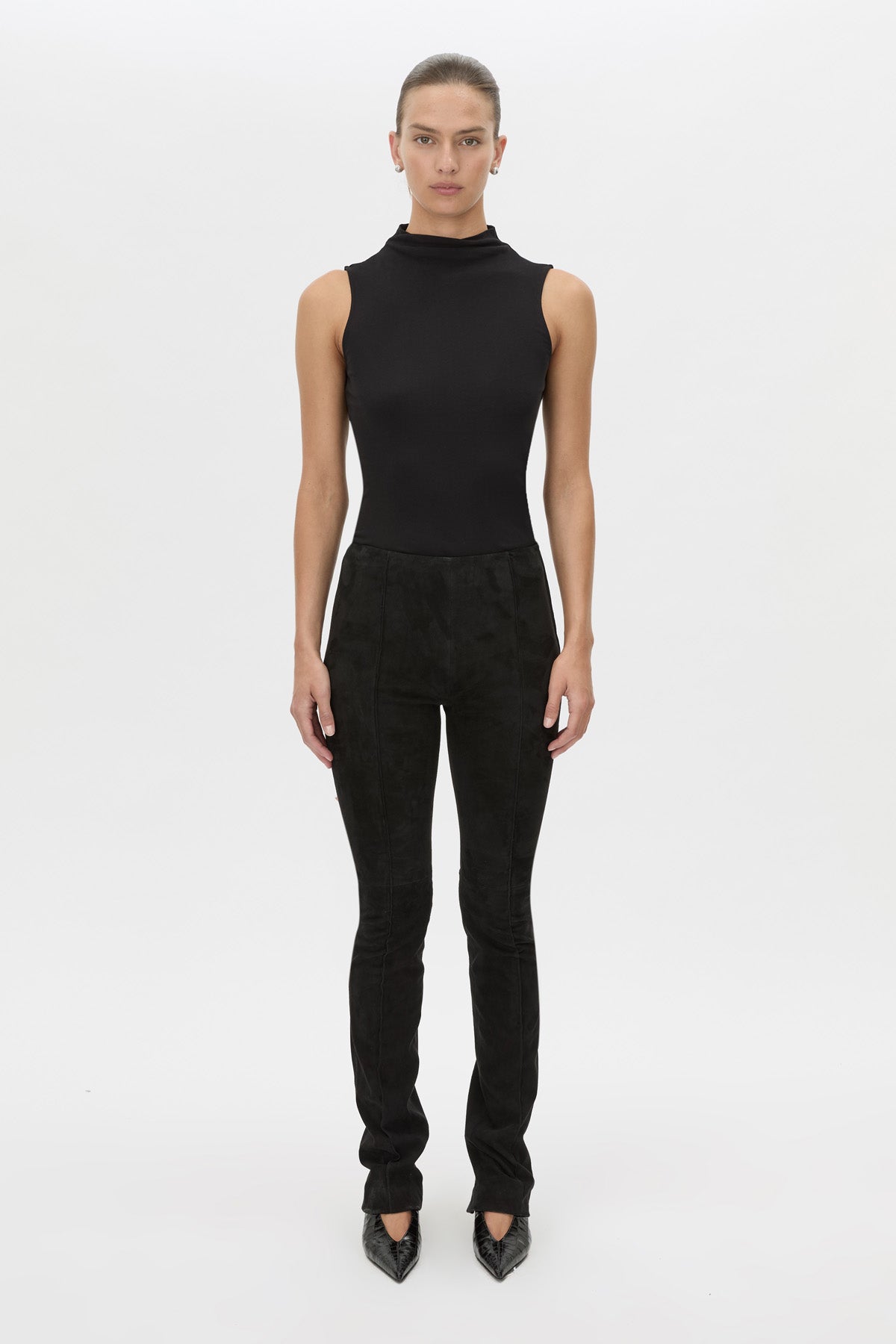 Front view CAMILLA AND MARC high-waisted Romina Pant in black stretch suede fabrication.