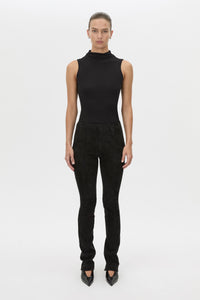 Front view CAMILLA AND MARC high-waisted Romina Pant in black stretch suede fabrication.
