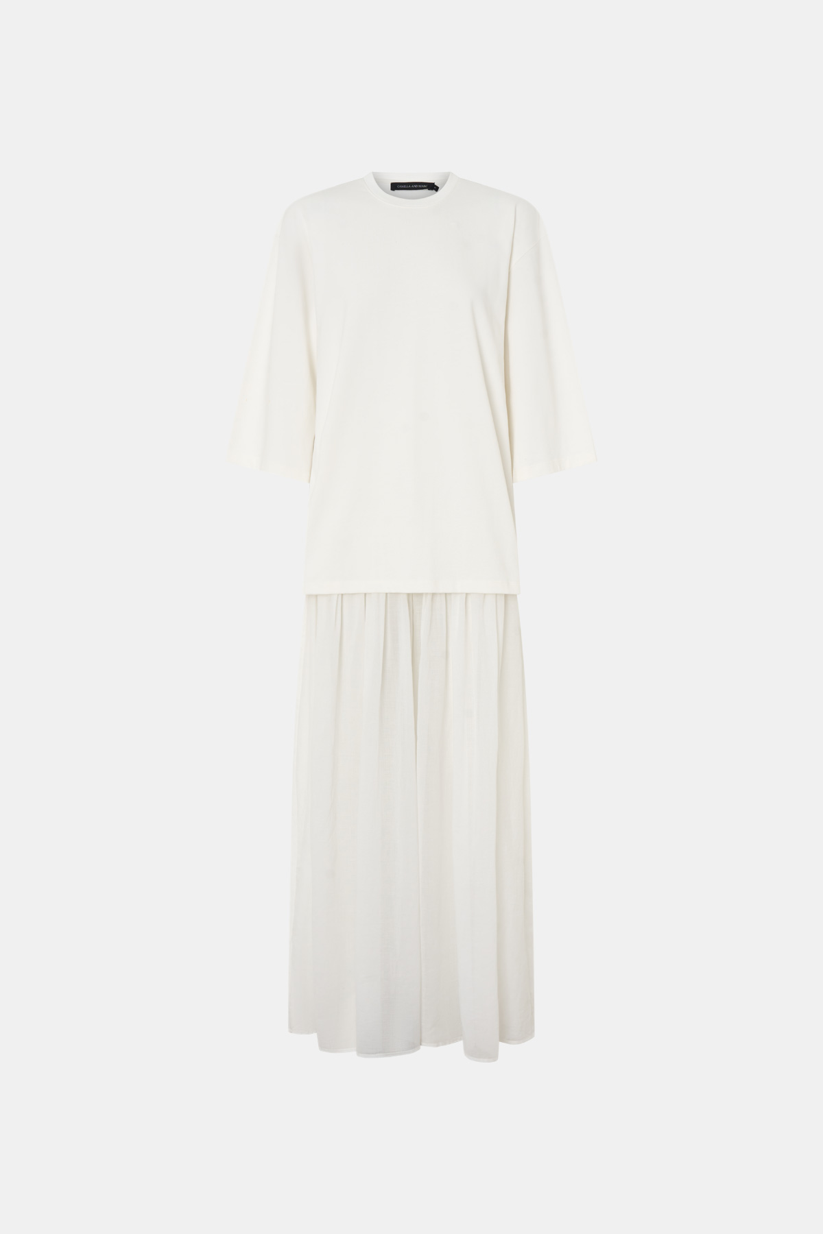 Ghost view CAMILLA AND MARC Romy Contrast Maxi Dress in soft white with upper cotton tee‑shirt and sheer voile extension.