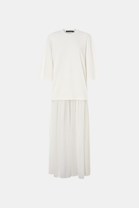 Ghost view CAMILLA AND MARC Romy Contrast Maxi Dress in soft white with upper cotton tee‑shirt and sheer voile extension.