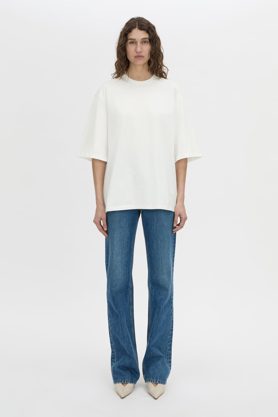 Front view CAMILLA AND MARC Romy Oversized Tee in white with tubular ribbed bound neckline.