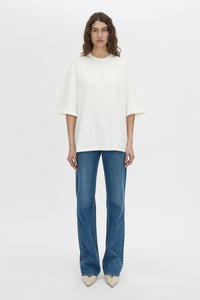 Front view CAMILLA AND MARC Romy Oversized Tee in white with tubular ribbed bound neckline.