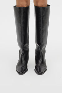 Front view CAMILLA AND MARC Rowan Knee Boot in Black tumbled‑look Italian cow leather.