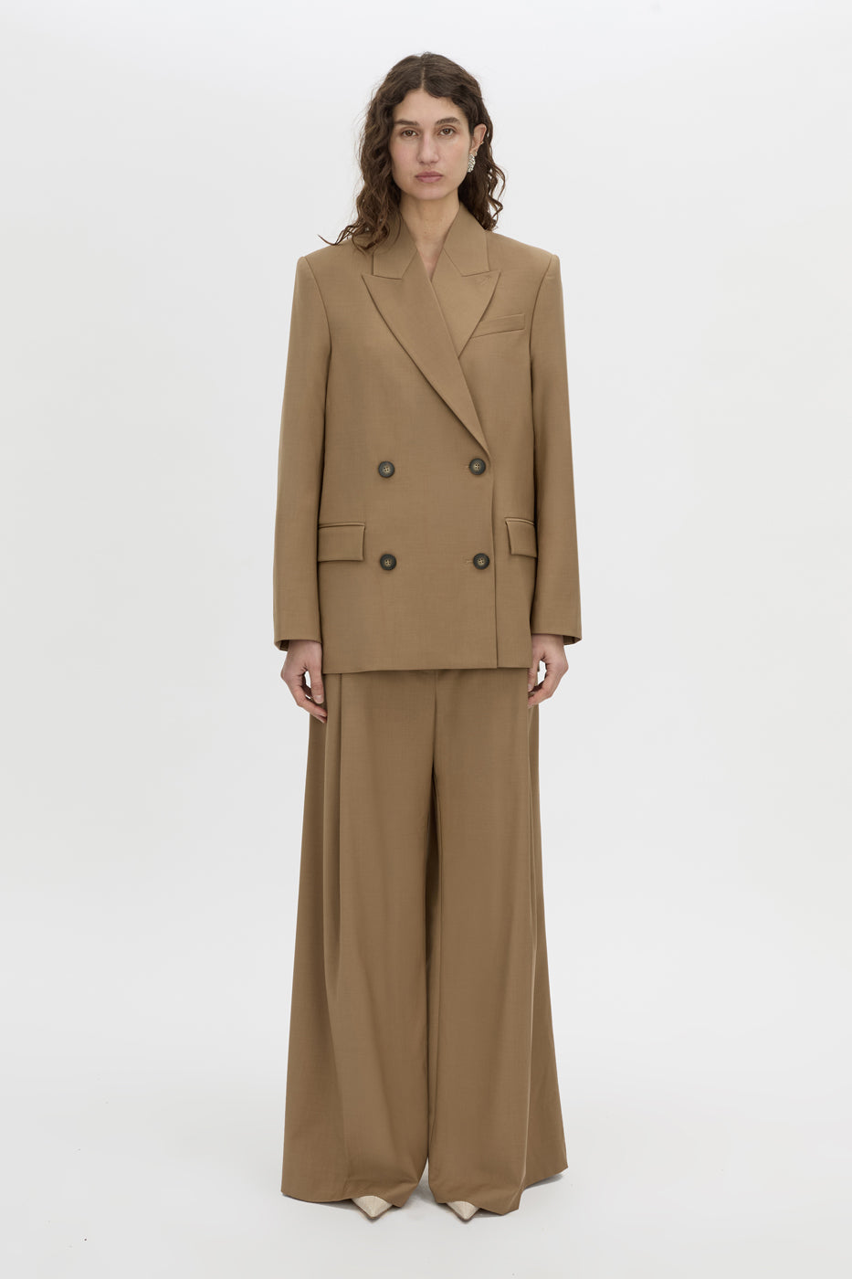 Front view CAMILLA AND MARC Rumi Double Breasted Blazer in camel with relaxed shoulder fit.