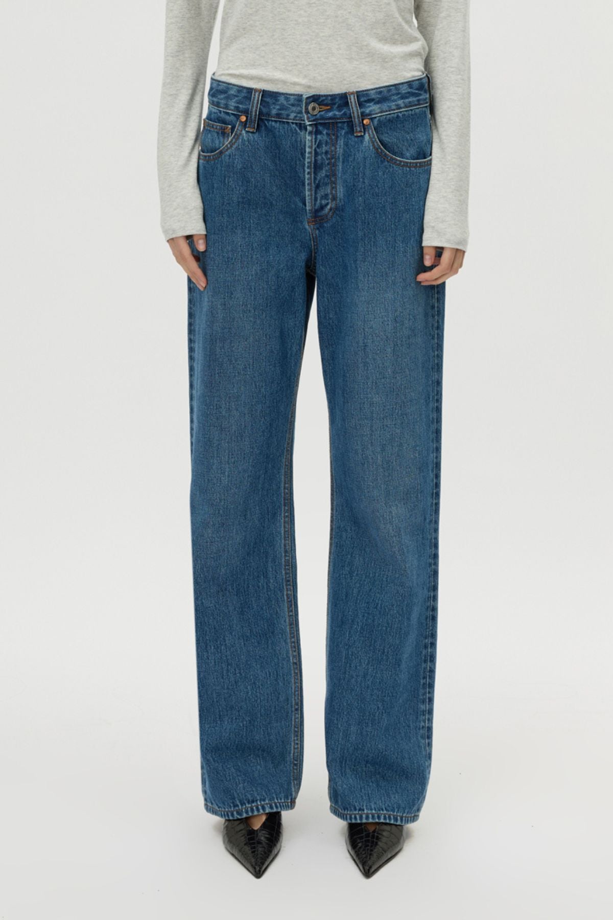 Cropped view CAMILLA AND MARC Rune Denim Jean in Classic Blue with a mid‑rise straight‑leg fit.