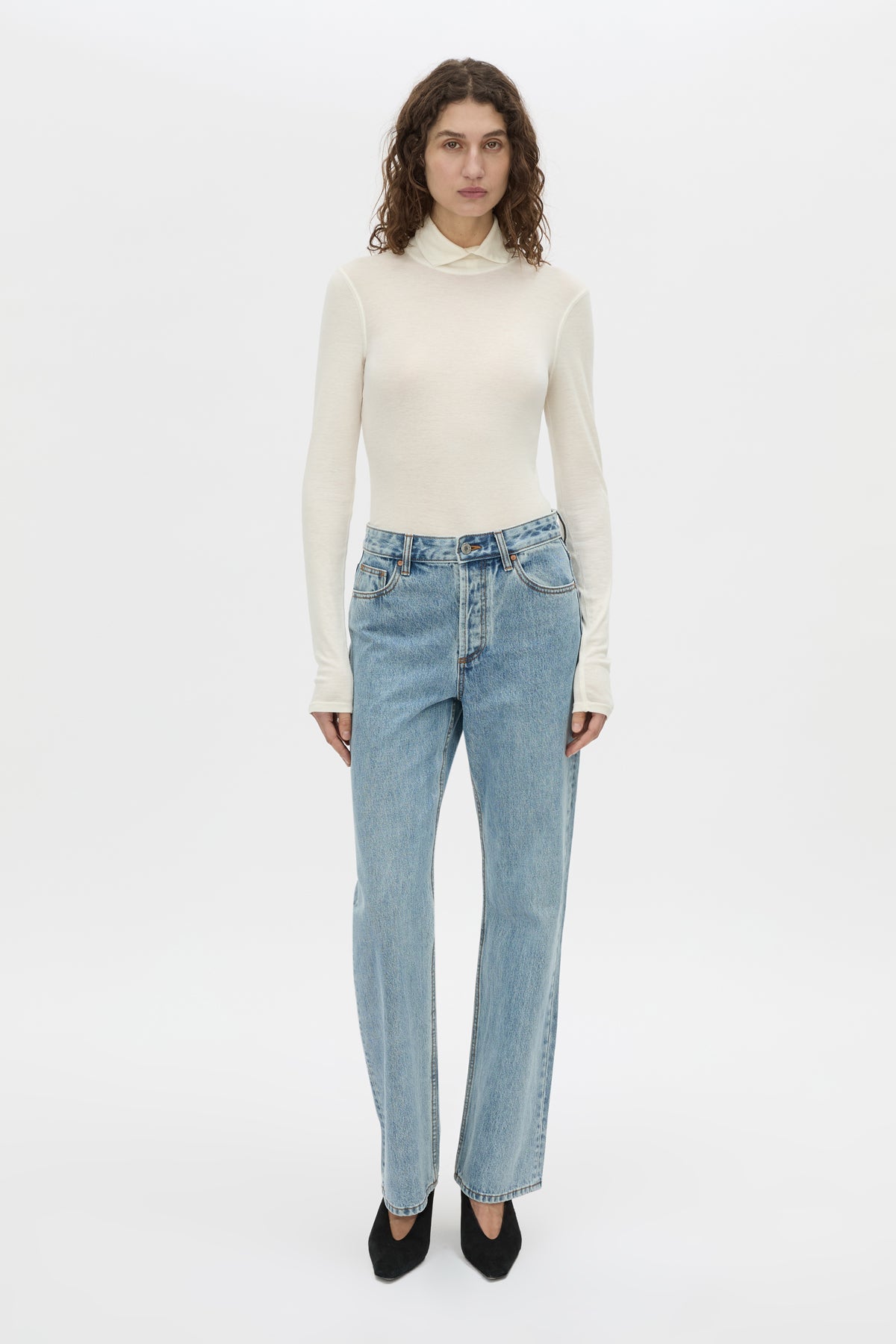 Front styled view CAMILLA AND MARC Rune Denim Jean in Light Blue.