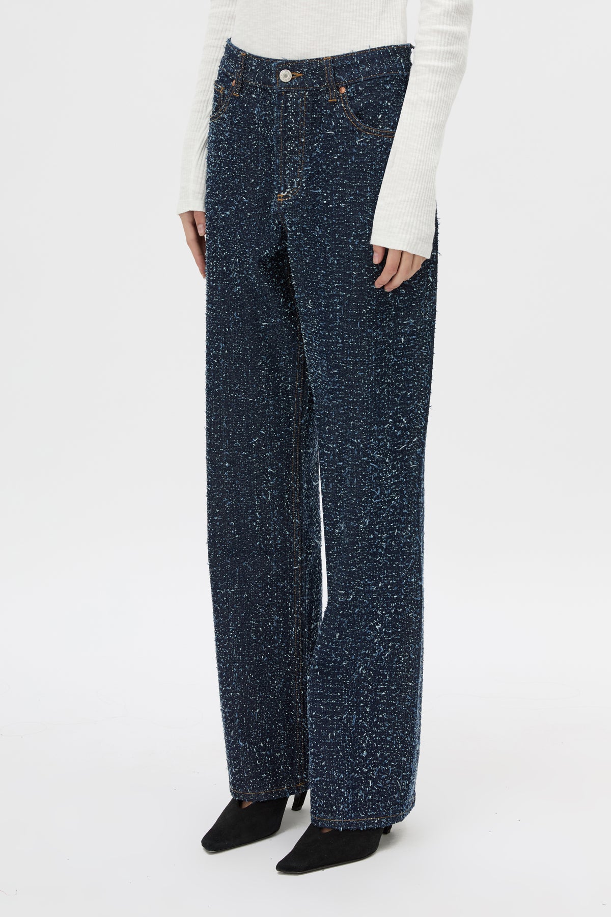 Cropped view CAMILLA AND MARC Rune Denim Jean in Indigo Neps with 100% textured cotton denim fabrication.