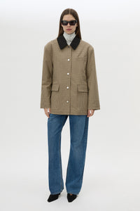 Front styled view CAMILLA AND MARC Sage Check Jacket in Walnut Check with denim detailing and contrast collar.