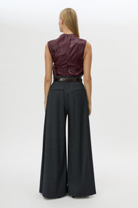 Back view CAMILLA AND MARC Sana Tailored Top in Burgundy with draped detailing and a high neckline.