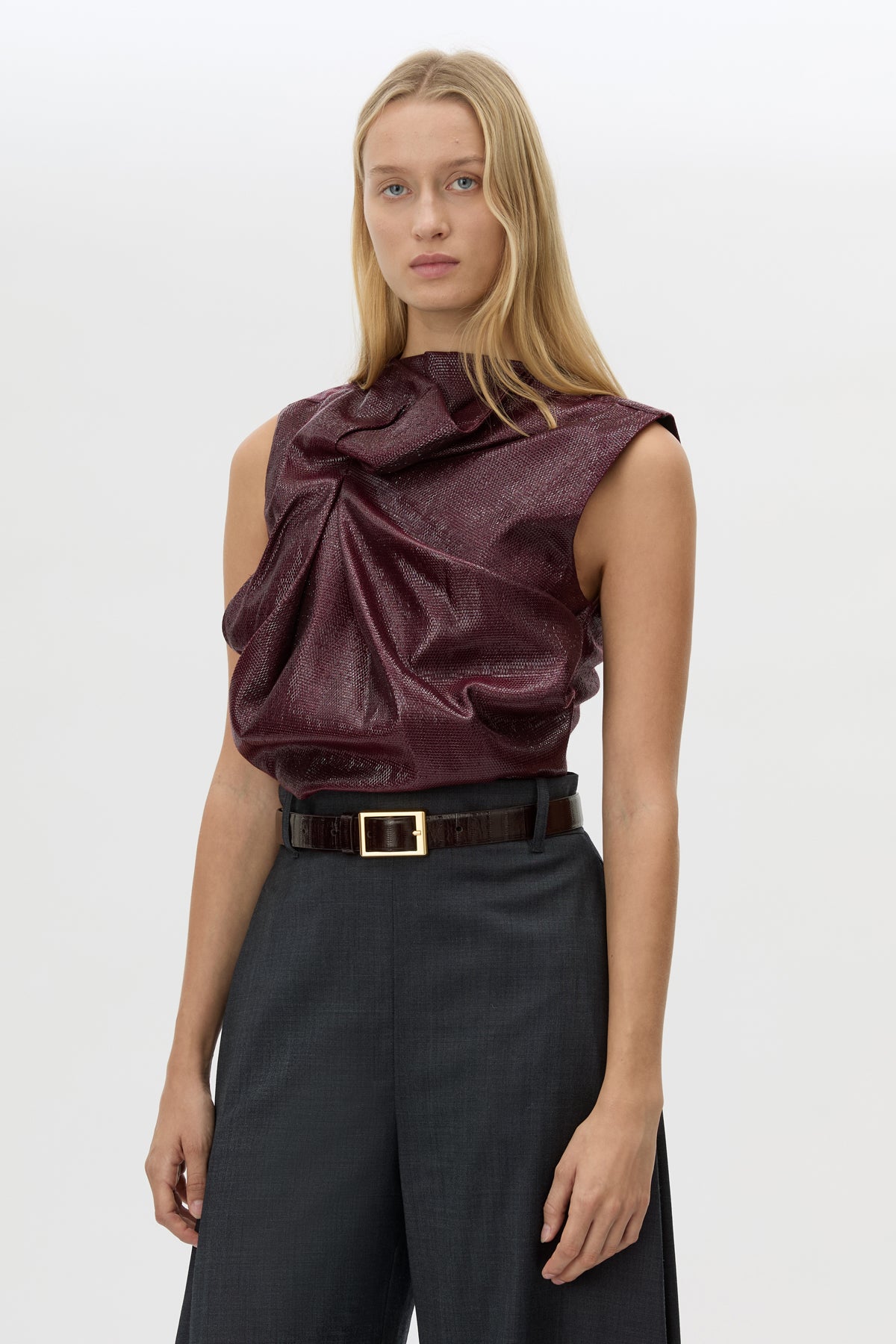 Cropped view CAMILLA AND MARC Sana Tailored Top in Burgundy with draped detailing and a high neckline.