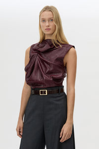 Cropped view CAMILLA AND MARC Sana Tailored Top in Burgundy with draped detailing and a high neckline.