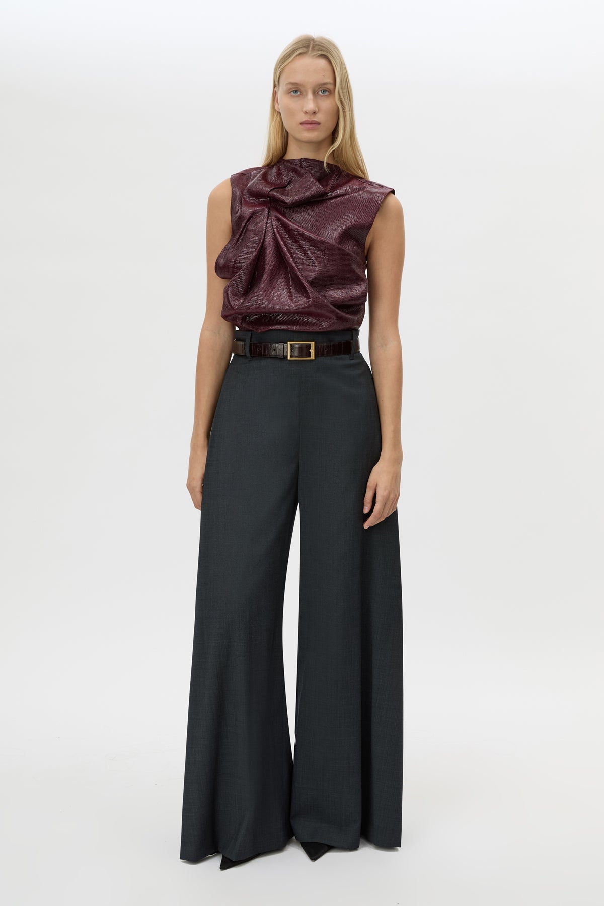 Front view CAMILLA AND MARC Sana Tailored Top in Burgundy with draped detailing and a high neckline.