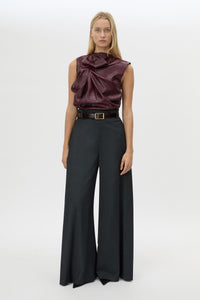 Front view CAMILLA AND MARC Sana Tailored Top in Burgundy with draped detailing and a high neckline.