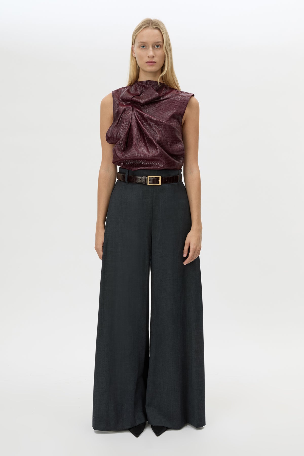 Front styled view CAMILLA AND MARC Sana Tailored Top in Burgundy with draped detailing and a high neckline.