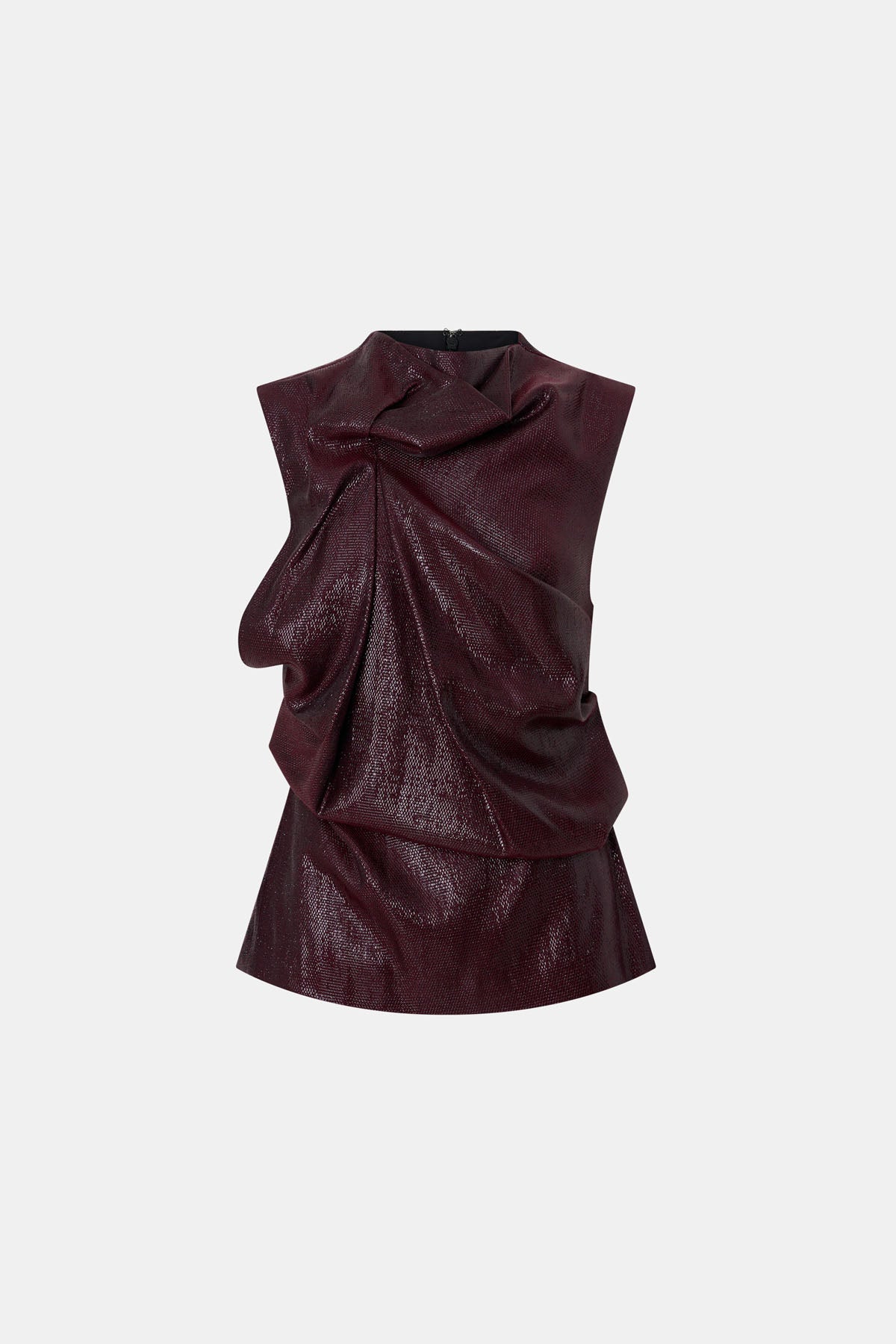 Ghost front view CAMILLA AND MARC Sana Tailored Top in Burgundy with draped detailing and a high neckline.