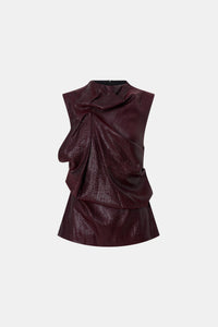 Ghost front view CAMILLA AND MARC Sana Tailored Top in Burgundy with draped detailing and a high neckline.