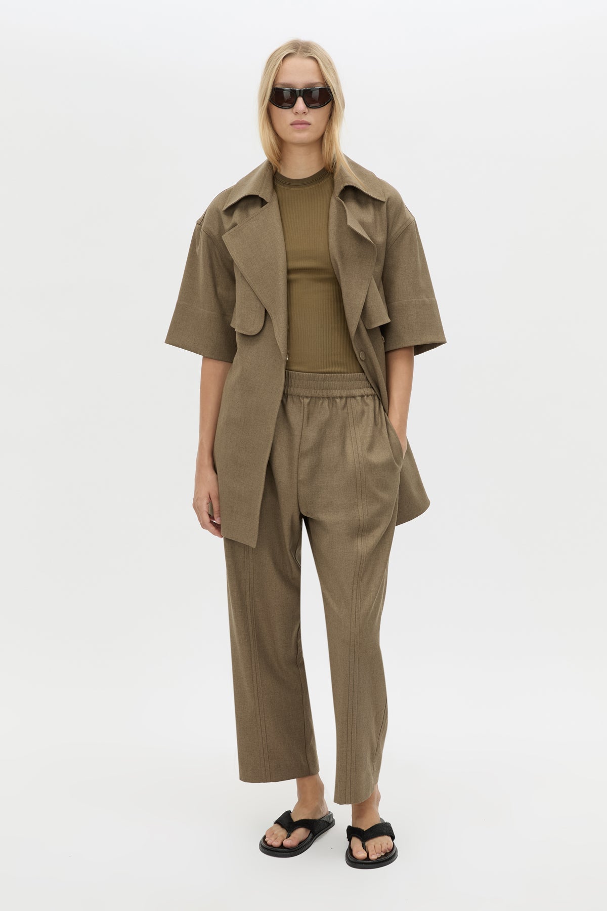 Front view CAMILLA AND MARC Sander Pant in Sable Marle styled with the Sander Dress.