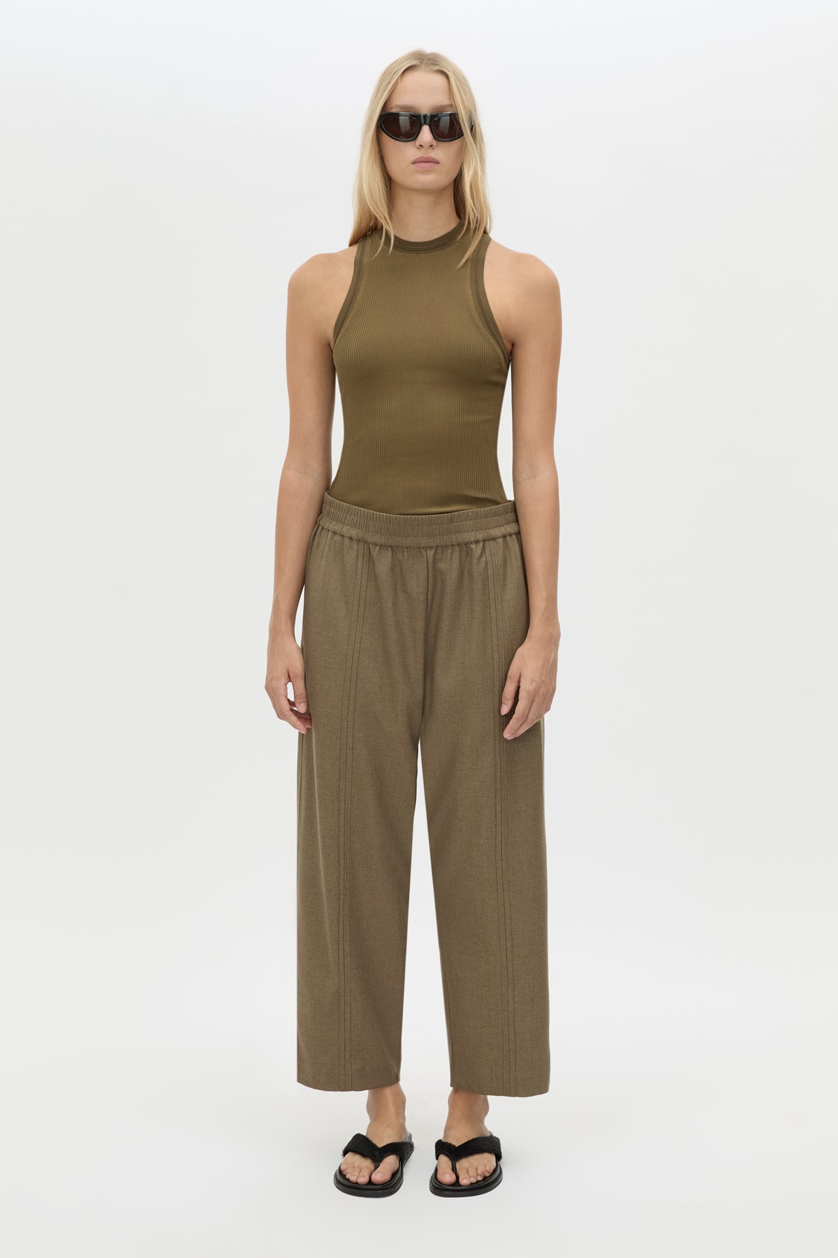 Front styled view CAMILLA AND MARC Sander Pant in Sable Marle with soft suiting finish and mid‑rise fisherman silhouette.