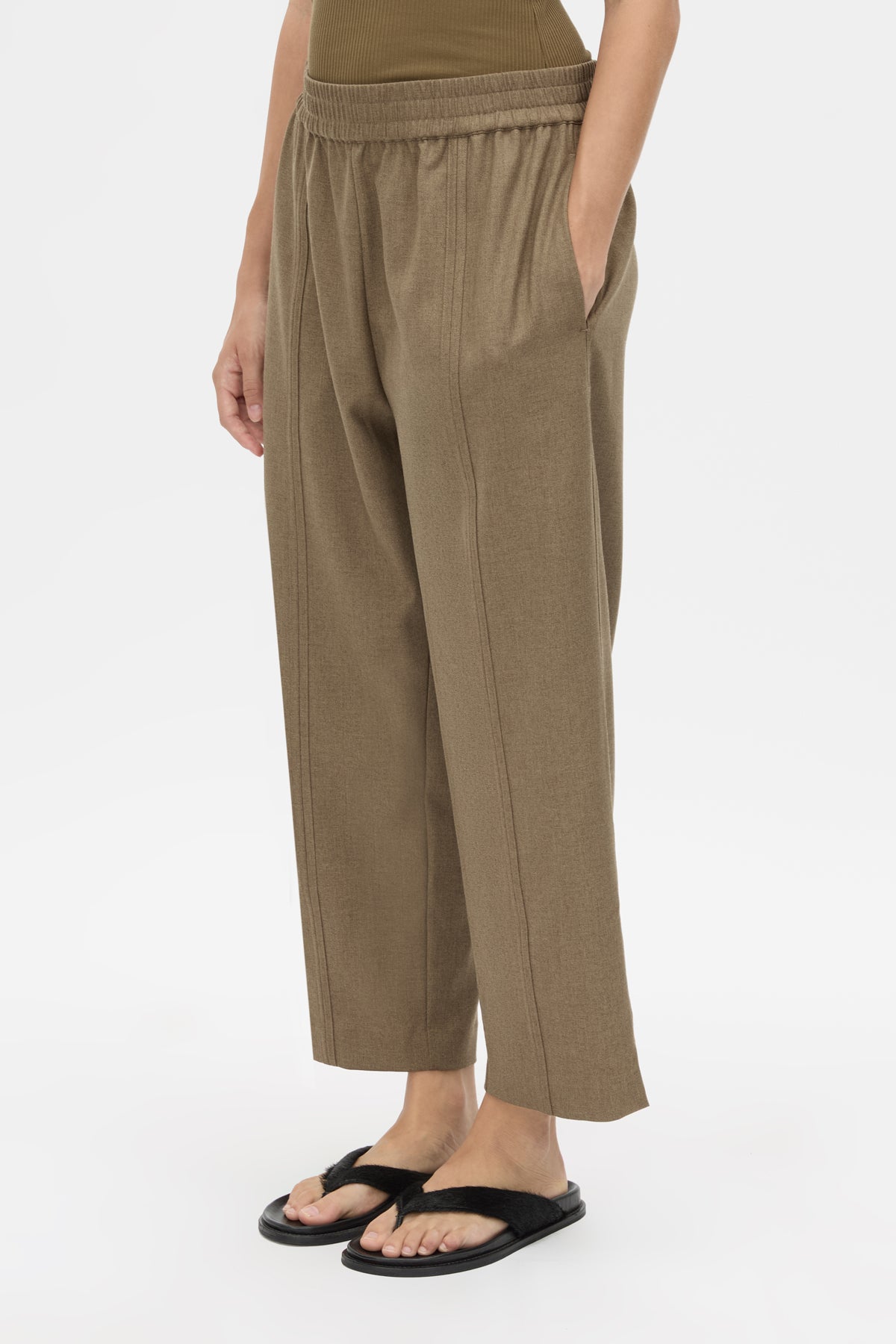 Cropped view CAMILLA AND MARC Sander Pant in Sable Marle with soft suiting finish and mid‑rise fisherman silhouette.
