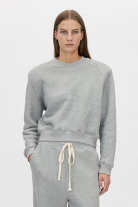 Detail View - CAMILLA AND MARC Savannah Crew Neck Tracksuit Top in grey marle fleece. 