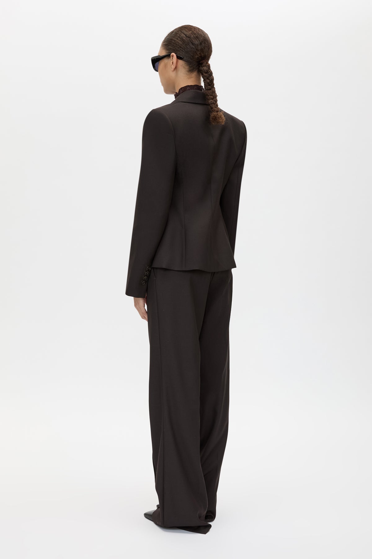 Back view CAMILLA AND MARC Saxony Fitted Blazer in Espresso Pindot with double‑breasted closure, and tailored waist.