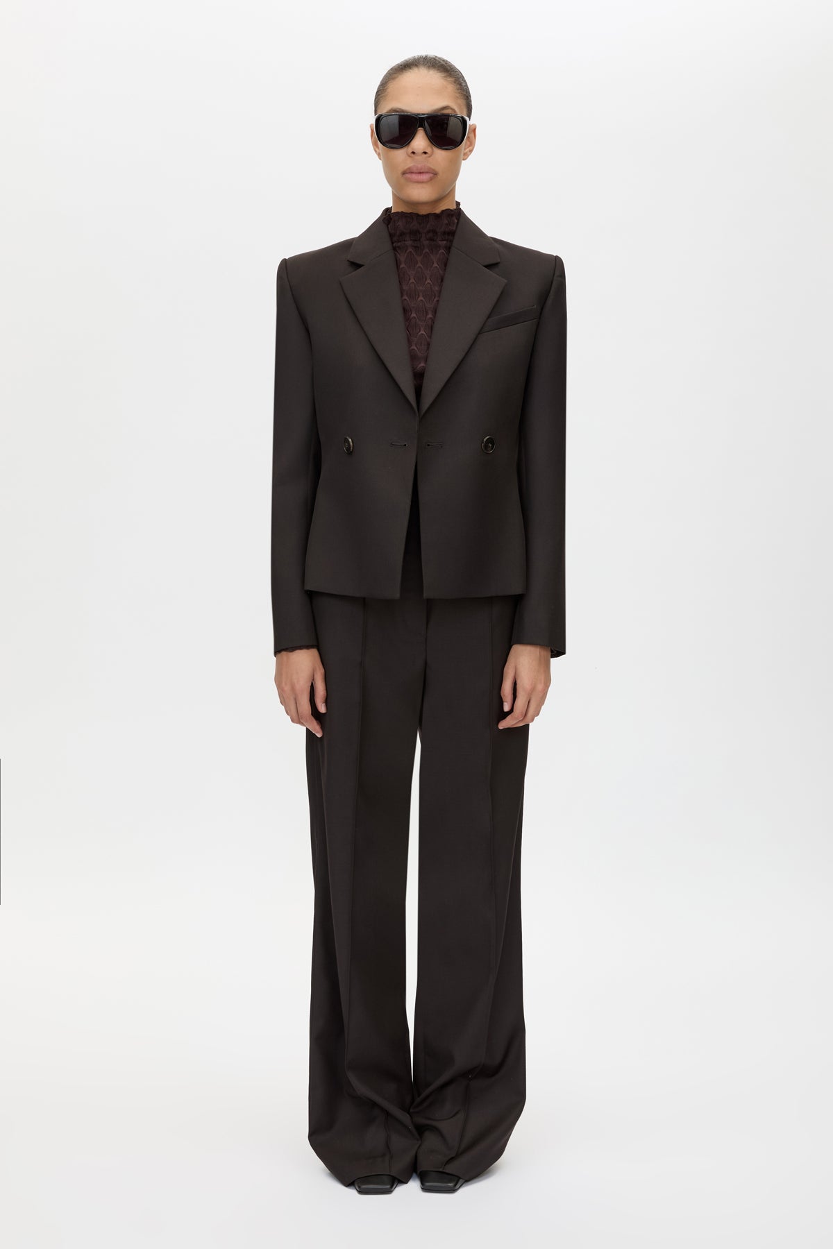 Front styled view CAMILLA AND MARC Saxony Fitted Blazer in Espresso Pindot with double‑breasted closure, and tailored waist.