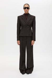 Front styled view CAMILLA AND MARC Saxony Fitted Blazer in Espresso Pindot buttoned up.