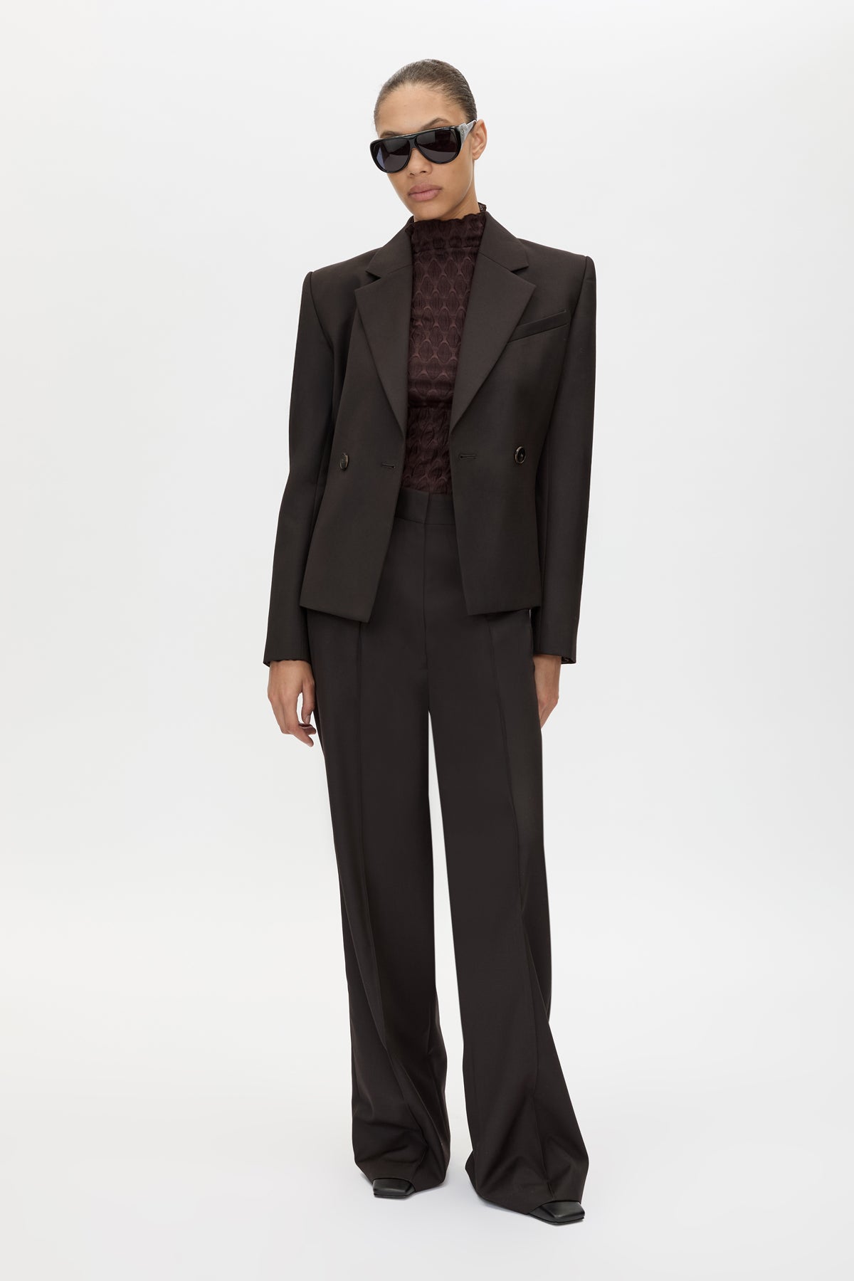Front view CAMILLA AND MARC Saxony Fitted Blazer in Espresso Pindot with double‑breasted closure, and tailored waist.
