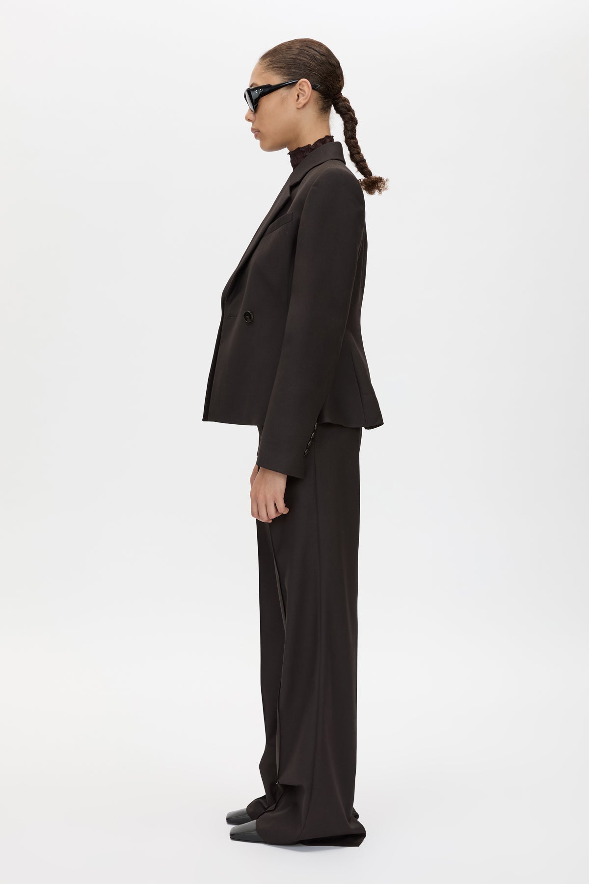 Side view CAMILLA AND MARC Saxony Fitted Blazer in Espresso Pindot with double‑breasted closure, and tailored waist.
