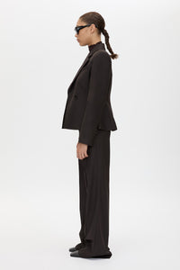 Side view CAMILLA AND MARC Saxony Fitted Blazer in Espresso Pindot with double‑breasted closure, and tailored waist.
